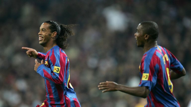 Ronaldinho celebrates during a Clasico with Real Madrid in 2005