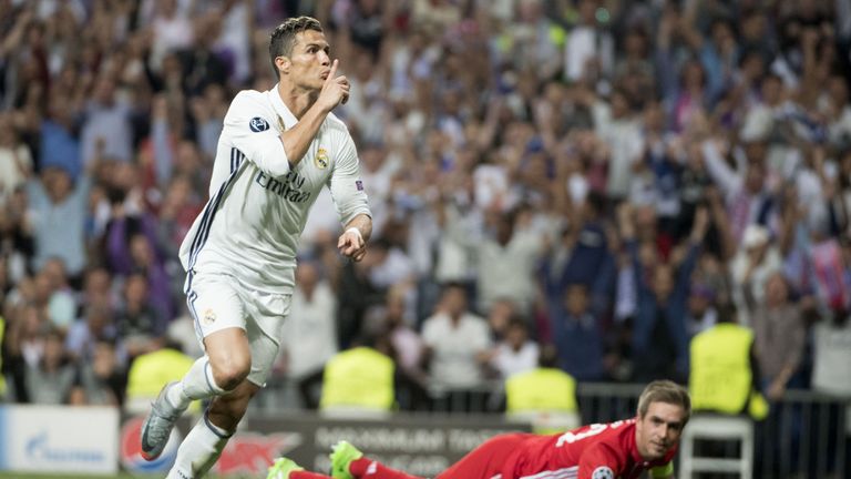 Real Madrid's Portuguese forward Cristiano Ronaldo celebrates scoring during the UEFA Champions League quarter-final second leg football match Real Madrid 