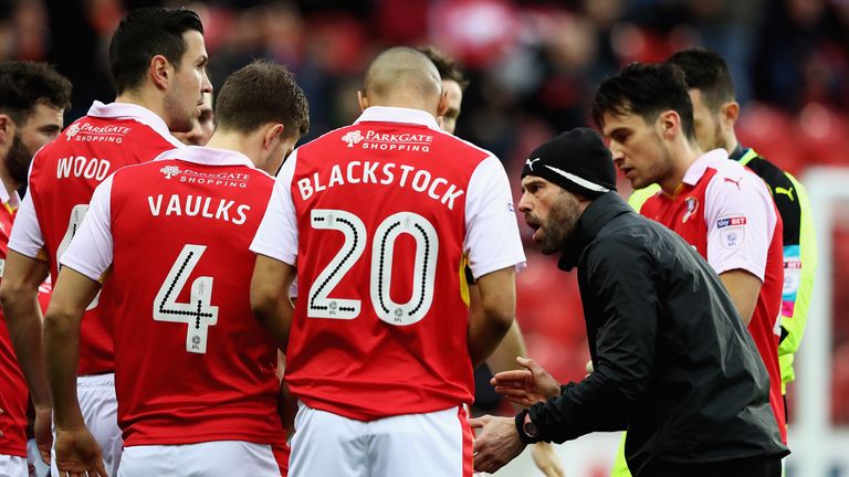 Paul Warne, manager of Rotherham United, talks to his players ahead of during The Emirates FA Cup Third Round match v Oxford United, January 2017
