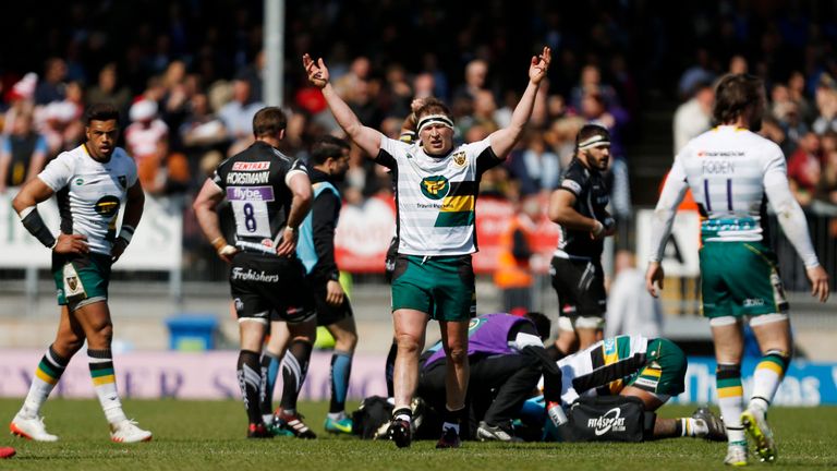 Dylan Hartley appeals during Northampton's match at Exeter Chiefs