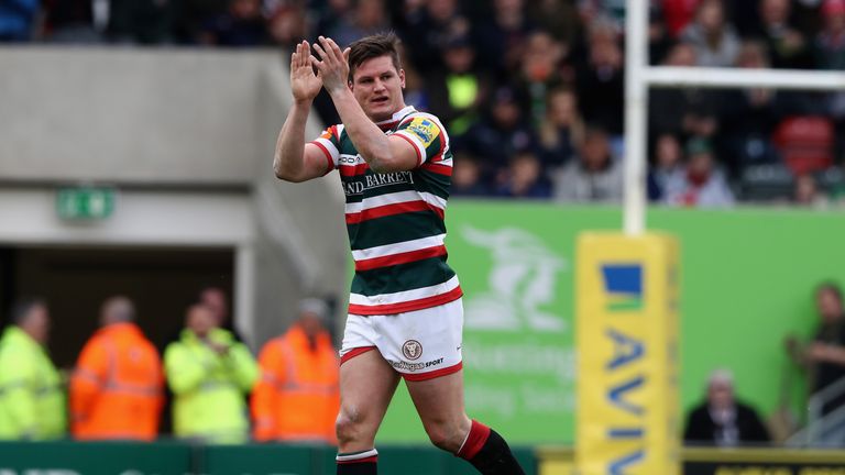 Freddie Burns acknowledges the crowd after making his last appearance for Leicester at Welford Road