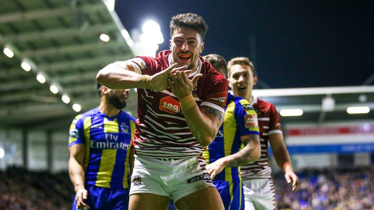 Anthony Gelling celebrates scoring a try against Warrington