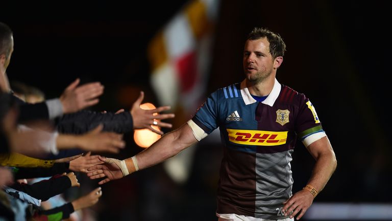 Quins fly-half Nick Evans thanks the supporters after his final home game