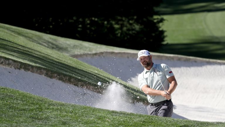 AUGUSTA, GA - APRIL 08: Ryan Moore of the United States plays a shot from a bunker on the 15th hole during the third round of the 2017 Masters Tournament a