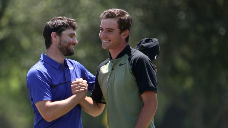 AVONDALE, LA - APRIL 27:  Ryan Ruffels of Australia and Kyle Stanley react after making their putt on the ninth hole during the first round of the Zurich C