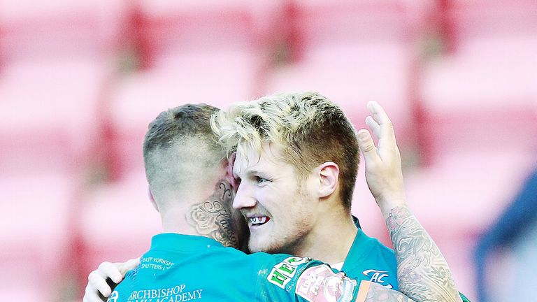 22/04/2017 - Rugby League - Ladbrokes Challenge Cup - Leigh Centurions v Hull KR - Hull's try scorer Ryan Shaw is congratulated by Jamie Ellis