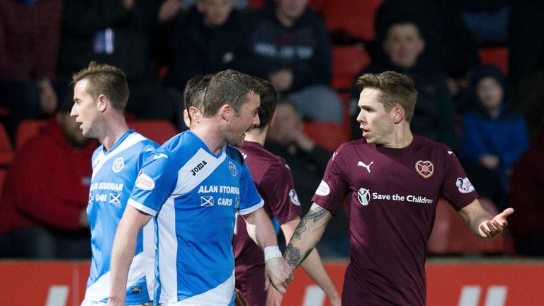 Hearts' Sam Nicholson (R) is ordered off at McDiarmid Park