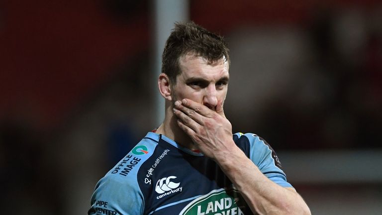 GLOUCESTER, ENGLAND - APRIL 01:  Blues player Sam Warburton reacts after the European Rugby Challenge Cup match between  Gloucester Rugby and Cardiff Blues