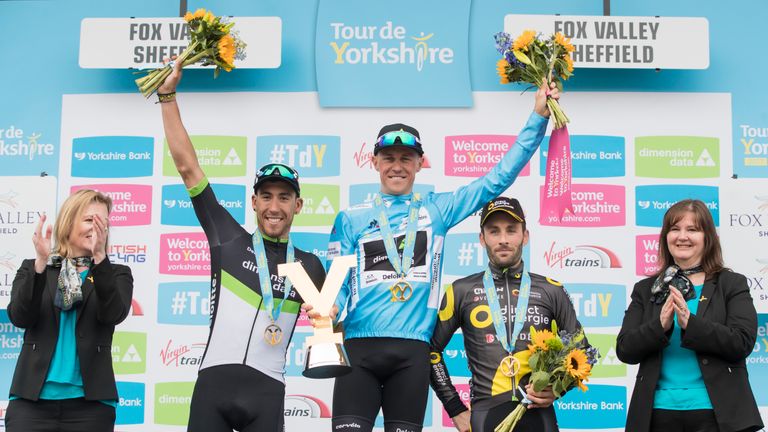 Team Dimension Data's Serge Pauwels celebrate after winning the Tour de Yorkshire, with Omar Fraile and Hivert Jonathan.