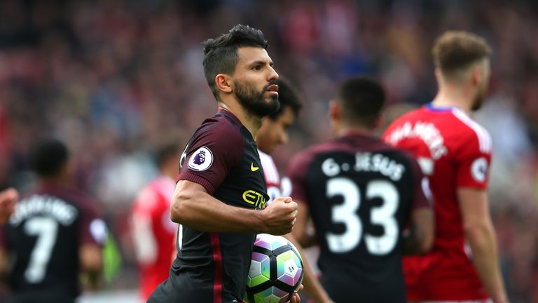 MIDDLESBROUGH, ENGLAND - APRIL 30:  Sergio Aguero of Manchester City celebrates scoring his sides first goal from the penalty spot during the Premier Leagu