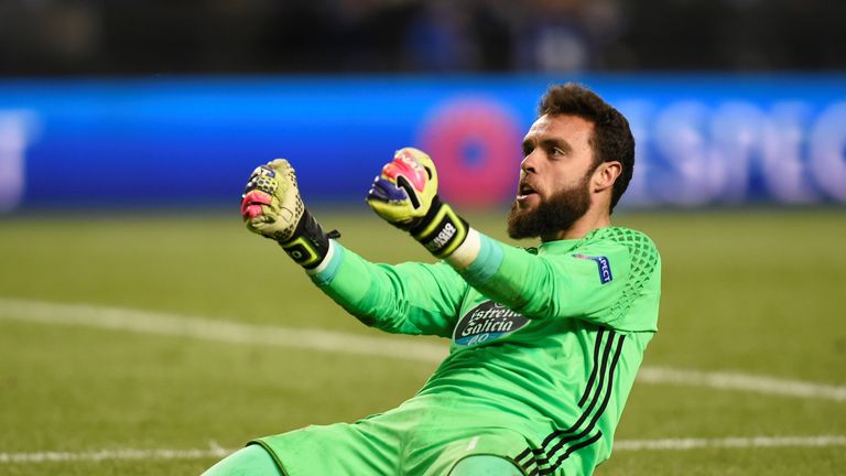 Celta's goalkeeper Sergio Alvarez celebrates after winning the UEFA Europa League quarter final second leg football match KRC Genk against Celta Vigo at th