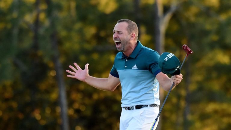 AUGUSTA, GA - APRIL 09:  Sergio Garcia of Spain celebrates after defeating Justin Rose (not pictured) of England on the first playoff hole during the final