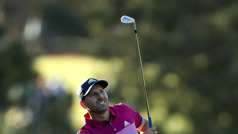 Sergio Garcia plays his second shot on the 17th hole