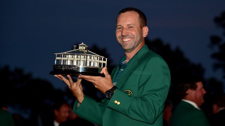 AUGUSTA, GA - APRIL 09:  Sergio Garcia of Spain celebrates with the Masters Trophy during the Green Jacket ceremony after he won in a playoff during the fi