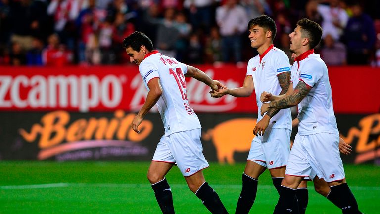 Ganso (left) celebrates after goal against Granada
