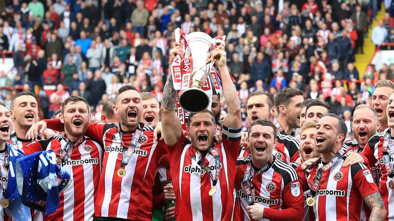 Sheffield United celebrate with the Sky Bet League One trophy