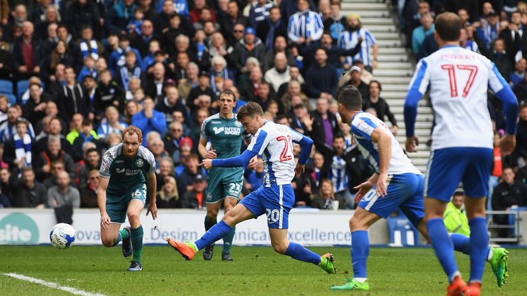 BRIGHTON, ENGLAND - APRIL 17: Solly March of Brighton and Hove Albion scores his team's second goal during the Sky Bet Championship match between Brighton 