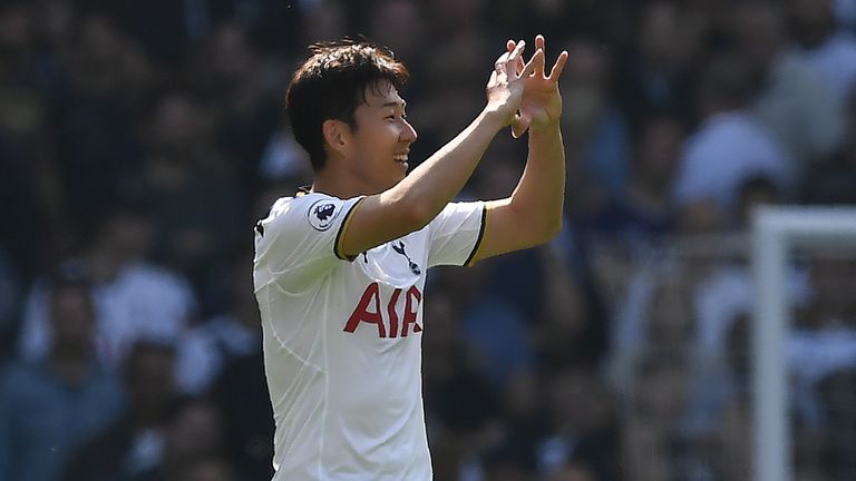 Tottenham Hotspur's South Korean striker Son Heung-Min celebrates scoring his team's third goal during the English Premier League football match between To
