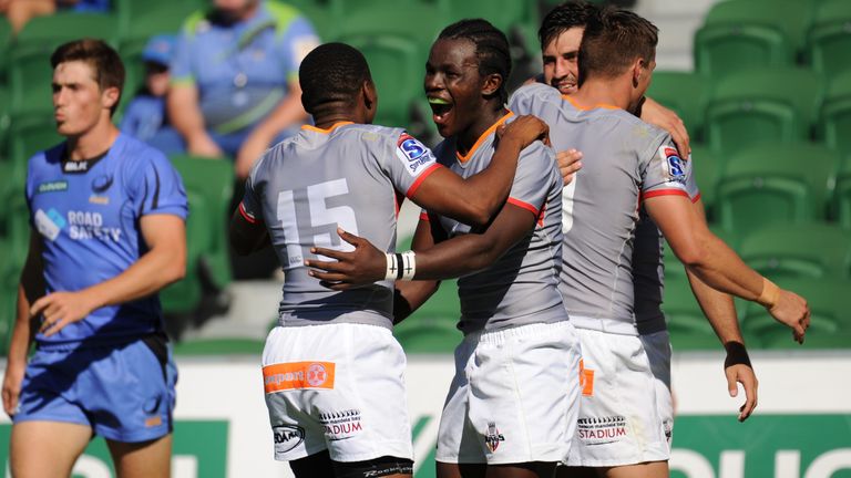 Kings right wing Yaw Penxe (C) celebrates after scoring a try during the Super Rugby match between Australias Western Force and South Africas Kings in Pert