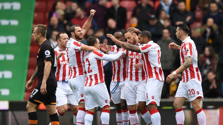 Marko Arnautovic of Stoke City celebrates scoring his sides first goal with his Stoke City team mates