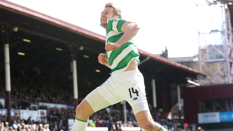 Stuart Armstrong of Celtic celebrates scoring at Tynecastle