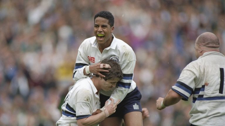 2 May 1992: Jeremy Guscott (above) celebrates with Bath team-mate Stuart Barnes after a drop goal in the last seconds of the Pilkington Cup Final