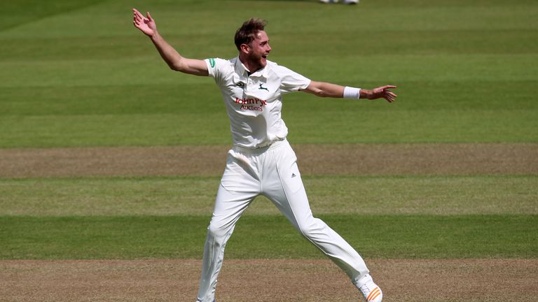 Stuart Broad of Nottinghamshire celebrates the wicket of Harry Finch of Sussex