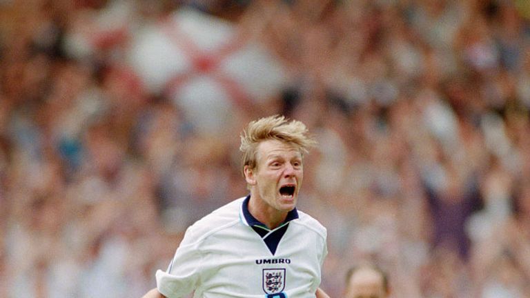 Stuart Pearce of England celebrates his penalty shoot out  conversion during the Euro 96 Quarter Final match between England and Spain at Wembley Stadium
