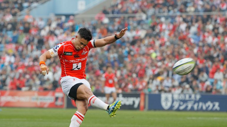 TOKYO, JAPAN - APRIL 08:  Yu Tamura of the Sunwolves takes a penalty kick during the SUper Rugby Rd 7 match between Sunwolves v Bulls at Prince Chichibu Me