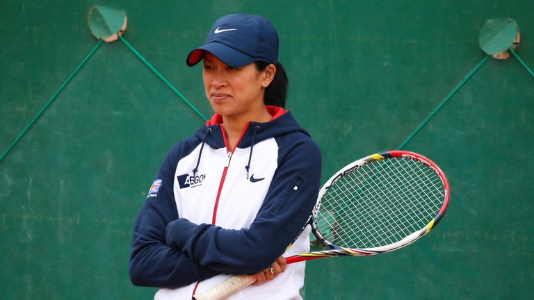 Team captain Anne Keothavong watches over her players during a Great Britain Fed Cup training session at Tennis Club