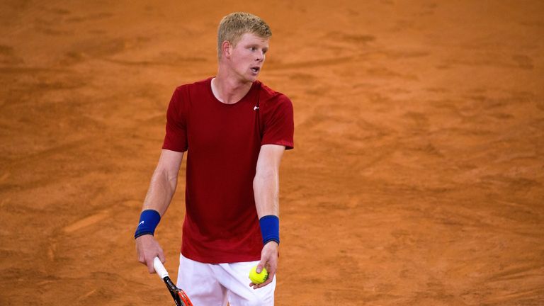 Kyle Edmund of Great Britain practices prior to the France v Great Britain Davis Cup World Group Quarter-Final