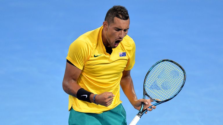 Nick Kyrgios of Australia celebrates winning a point in his match against John Isner of the USA during the Davis Cup
