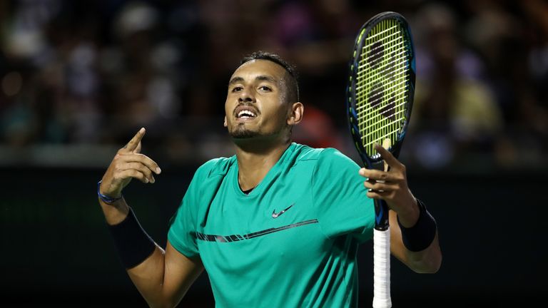 Nick Kyrgios of Australia reacts in his match against Roger Federer of Switzerland in the semi finals at Crandon Park