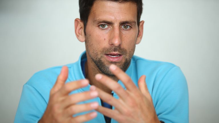 Novak Djokovic of Serbia talks to the media during a press conference on day one of the Monte Carlo Rolex Masters at Monte