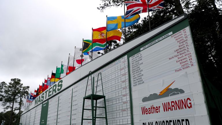 AUGUSTA, GA - APRIL 03:  A sign on a leaderboard indicates that play is suspended due to inclement weather during a practice round prior to the start of th