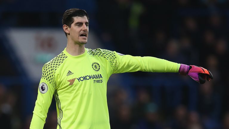 Thibaut Courtois of Chelsea during the Premier League match between Chelsea and Stoke City at Stamford Bridge on December 31