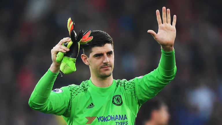 Thibaut Courtois celebrates Chelsea's victory over Bournemouth at the Vitality Stadium