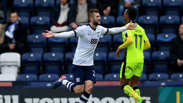 Preston North End's Tom Barkhuizen celebrates after he scores his sides first goal during the Sky Bet Championship match at Deepdale, Preston.