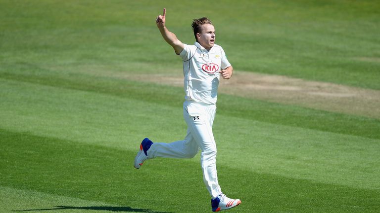 Tom Curran of Surrey celebrates dismissing Alex Lees of Yorkshire during the Specsavers County Championship Division One clash