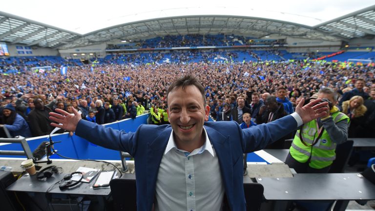 BRIGHTON, ENGLAND - APRIL 17:  Brighton Chairman Tony Bloom celebrates at the end of the Sky Bet Championship match between Brighton & Hove Albion and Wiga