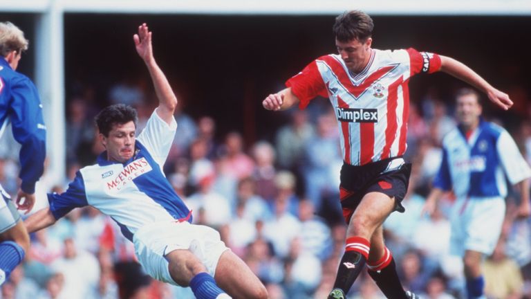 24 AUG 1994:  MATT LE TISSIER OF SOUTHAMPTON TAKES ON BLACKBURN's TONY GALE. Mandatory Credit: Anton Want/ALLSPORT