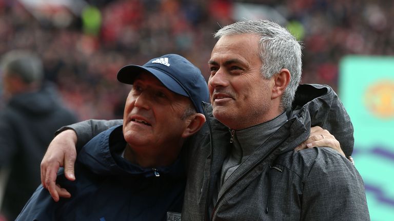 Tony Pulis and Jose Mourinho embrace ahead of kick-off