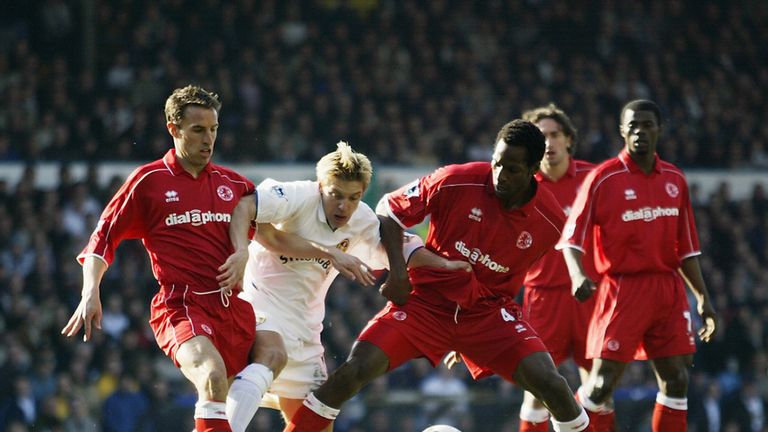 Gareth Southgate and Ugo Ehiogu in action for Middlesbrough against Leeds United