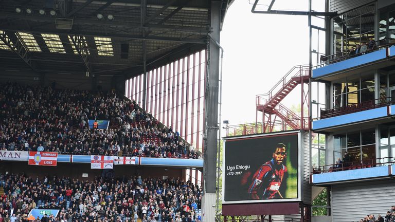 An image of Ugo Ehiogu is displayed on the big screen as fans applaud prior to the Sky Bet Championship match between Aston Villa and Birmingham
