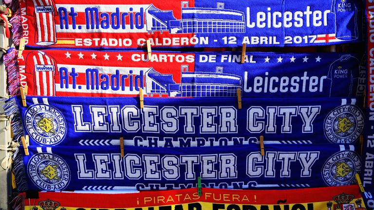 MADRID, SPAIN - APRIL 12: Detailed view of flags ahead of the UEFA Champions League Quarterf inal first leg match between Club Atletico de Madrid and Leice