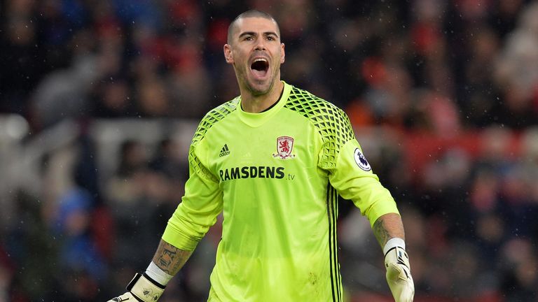 Victor Valdes of Middlesbrough reacts during during the Premier League match between Middlesbrough and Everton at Riverside