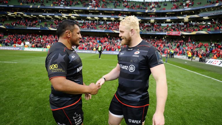 DUBLIN, IRELAND - APRIL 22:  Vincent Koch (R) of Saracens celebrates with fellow prop Mako Vunipola after their victory during the European Rugby Champions