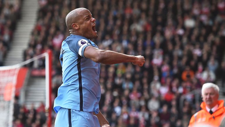 Vincent Kompany celebrates after scoring the opening goal of the game at St Mary's