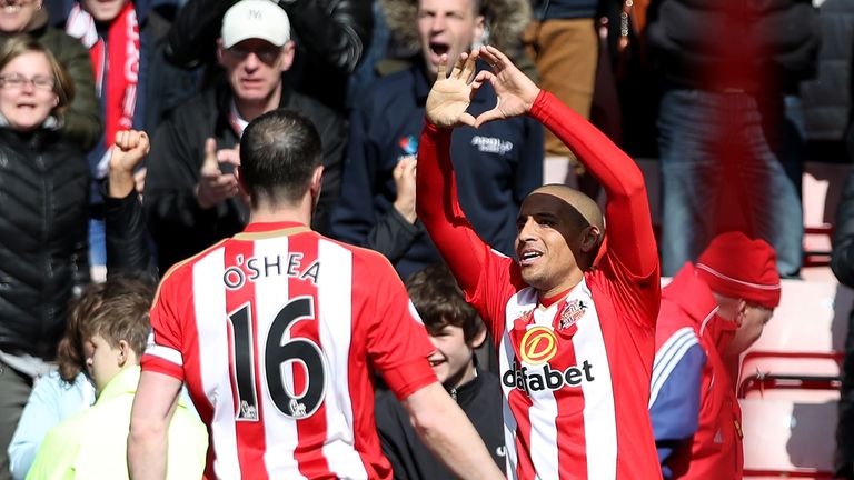 SUNDERLAND, ENGLAND - APRIL 15:  Wahbi Khazri of Sunderland celebrates scoring his sides first goal with John O'Shea of Sunderland during the Premier Leagu