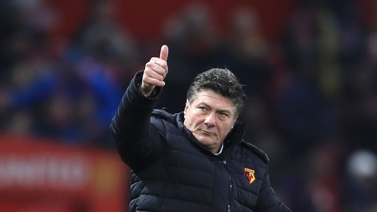 MANCHESTER, ENGLAND - FEBRUARY 11:  Walter Mazzarri, Manager of Watford gives the thumbs up after the Premier League match between Manchester United and Wa